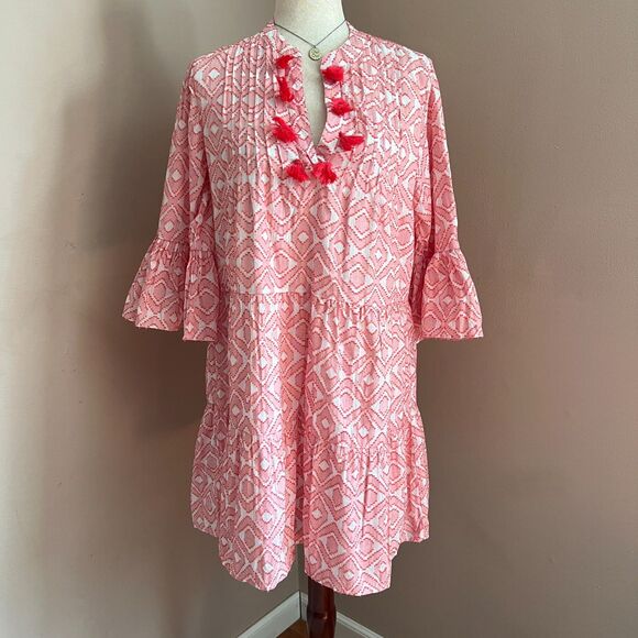 Tommy Bahama Dresses & Skirts - Tommy Bahama Pink Geometric Tassel Cover Up Dress Bell Sleeve Vacation Resort S